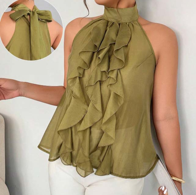 Plus-Size Women's French-Style Halter Neck Ruffle Top, Satin V-Neck Slimming Office Shirt, Plus-Size Slimming Top