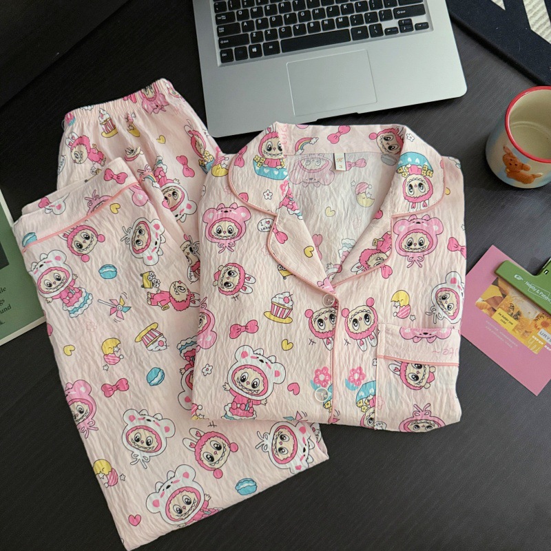 Venta al por mayor transfronteriza otoño nuevo estilo caliente pijamas de algodón de la nube pantalones de manga larga de las mujeres solapa linda rebeca dulce servicio a domicilio