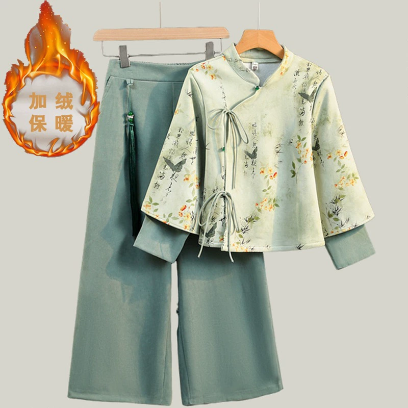 Новый китайский стиль ретро национальный стиль чернил принт с бархатным таном широкие брюки улучшенный китайский костюм темперамент чайный костюм костюм женский