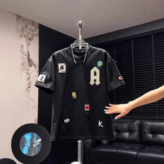 2025夏季小众设计感刺绣印花短袖t恤男女宽松轻奢半袖体恤打底衫