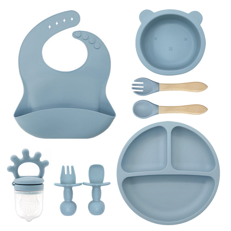 Set de ocho piezas (bazo + ventosa pequeña + cuenco de oso pequeño + crown bite + cuchara de tenedor de madera + cuchara de tenedor de oso pequeño) azul gris