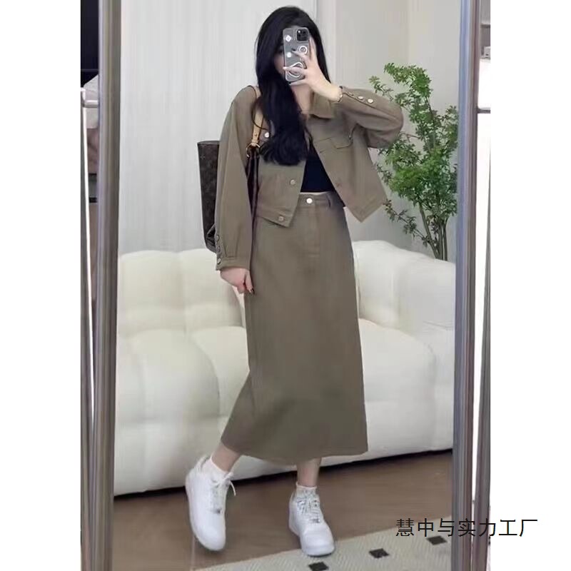 大码女装2025年春秋新款胖mm时尚遮肉短款牛仔外套潮insa字半身裙|undefined