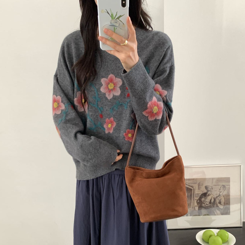 100纯羊毛衫女士25早秋冬季新款甜美穿搭刺绣针织打底衫毛衣女装|undefined