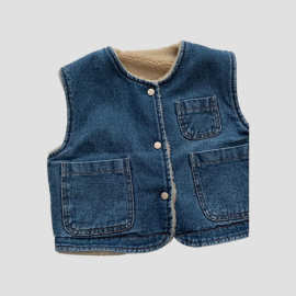 儿童加绒加厚牛仔马甲2023冬季新款男童女童宝宝保暖背心坎肩外套