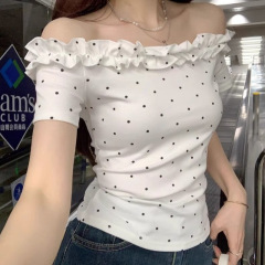 デザインホットガールファッションウエスト耳ドット半袖Tシャツ夏の新しいスタイルシックなスリムフィットトップ