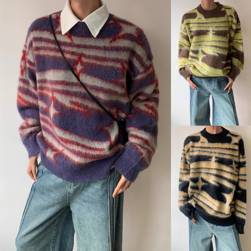 Striped Irregular Star-Patterned Mink Wool Soft Knit Sweater for Men, Casual Autumn and Winter Sweater, Trendy Cross-Border Factory Wholesale
