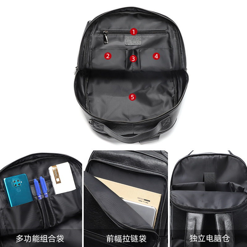 Ba lô da bò lớp đầu nam 15.6 inch công sở, ba lô laptop du lịch 32×12×42 cm — Màu đen