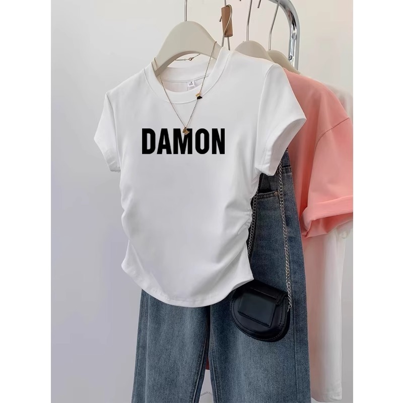 2025新型肩綿質半袖tシャツ女性insファッション百合洋気減齢痩せグレー上着夏|undefined