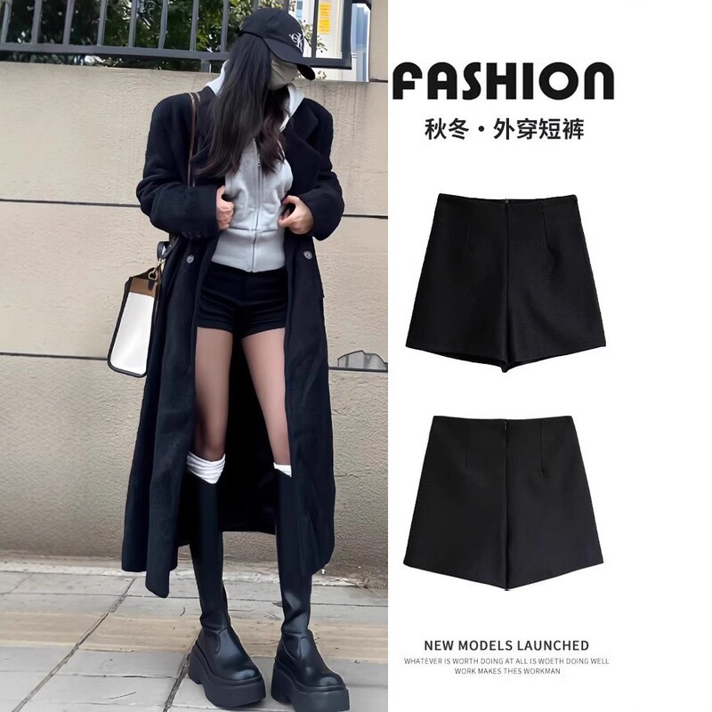 Black Fleece-Lined Sports Shorts for Women, Autumn and Winter 2025 New Style, High-Waisted, Slimming, A-Line, Tight-Fitting Hot Pants, Stretchy Leggings