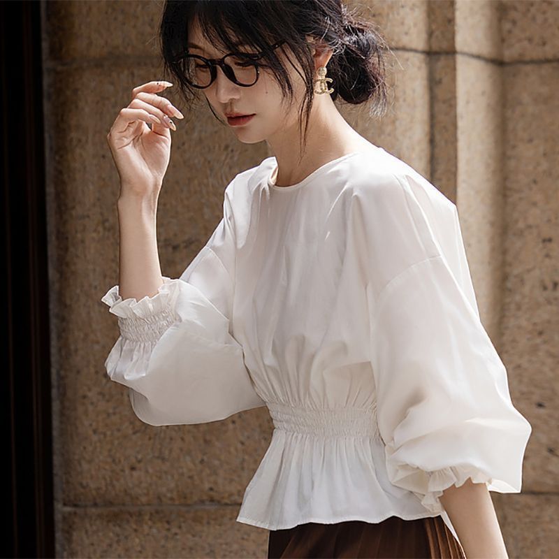 新品感圆领法式时尚宽松显瘦遮肚子长袖棉衬衫女洋气春夏上衣|undefined