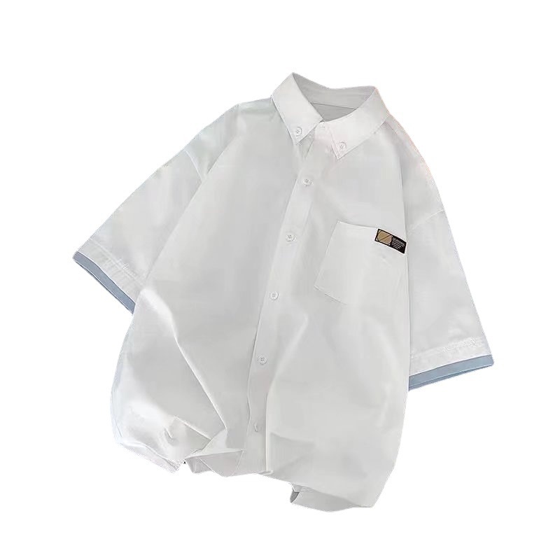 Camisa de manga corta de verano de los hombres de color sólido casual estilo Hong Kong ins suelta estilo japonés moda falsa chaqueta de camisa de dos piezas