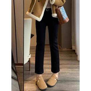 Pear-Shaped Figure fleece-lined Jeans Women's Autumn and Winter plus size High-Waist Pumpy Girl's Stretch All-Match Slimming Cropped Pants