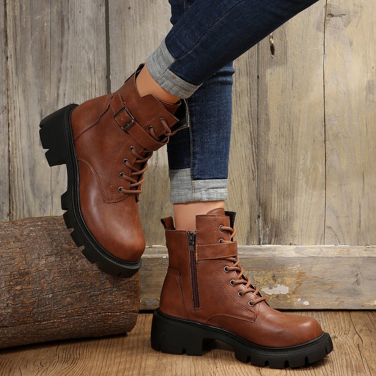 New autumn winter British style motorcycle boots thick soled belt buckle vintage ankle boots plus size_voghion.com