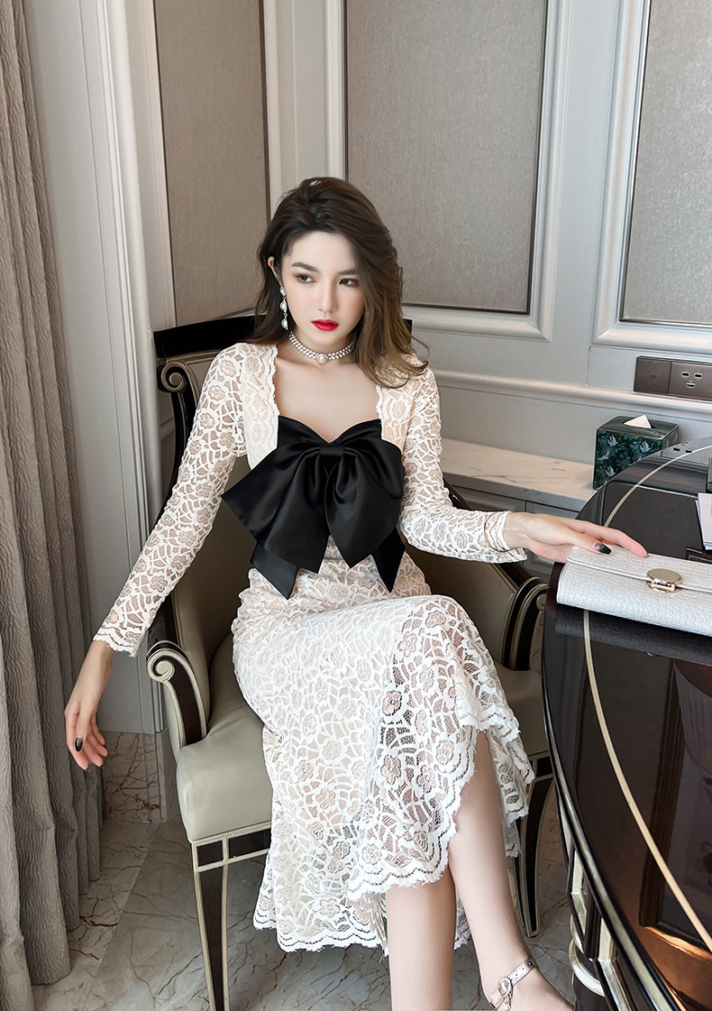 C1729 1440K VÁY ĐẦM LIỀN THÂN NỮ CHOTDNG THẮT NƠ BƯỚM DÀI TAY MÙA XUÂN THU ĐÔNG THỜI TRANG NỮ REN G04 SẢN PHẨM MỚI