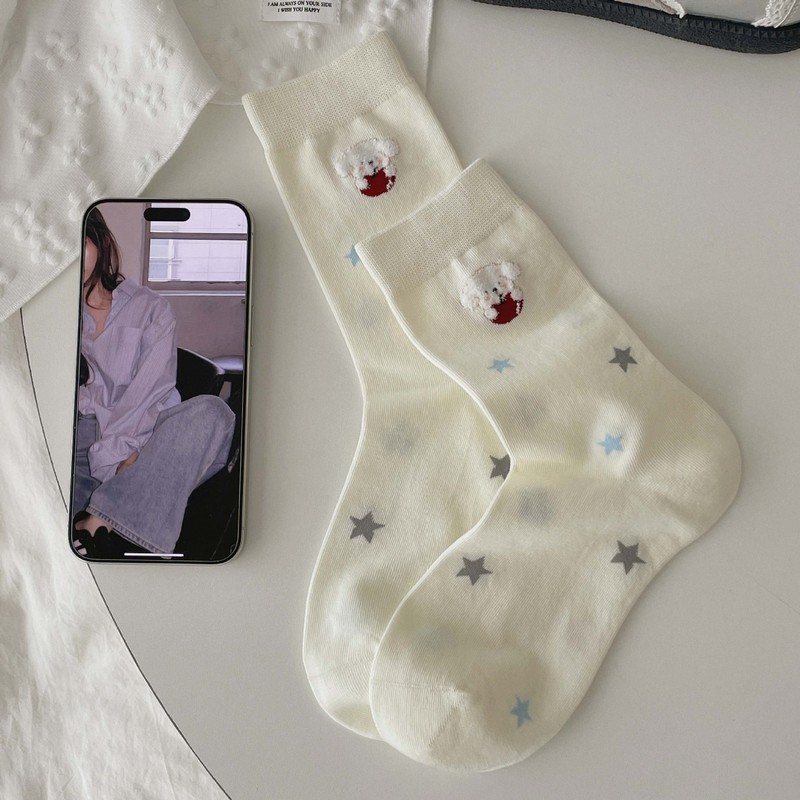 灰色小狗袜子女可爱卡通刺绣中筒袜春秋韩版卷边无骨白色堆堆袜|undefined