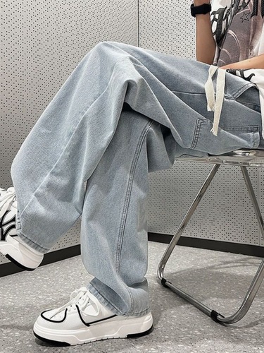 Champion men's jeans 2025 spring loose straight-leg adjustable waist pants American street style casual pants