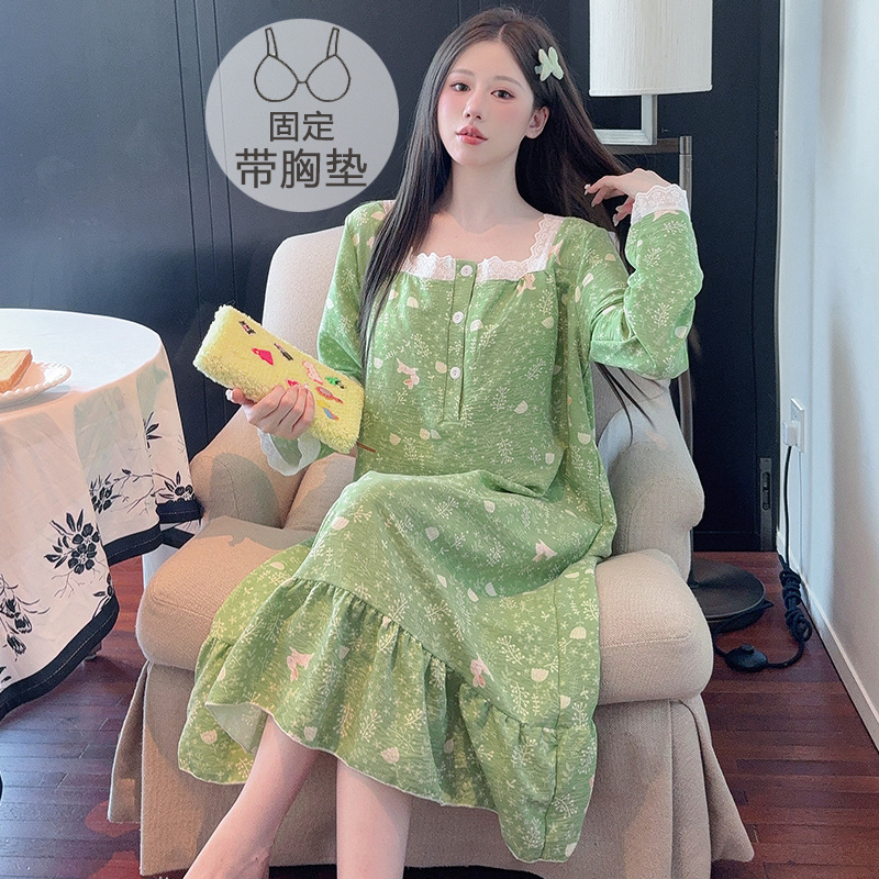 胖mm睡衣女春秋季新款带胸垫一体云朵棉长袖睡裙公主风大码家居服|undefined