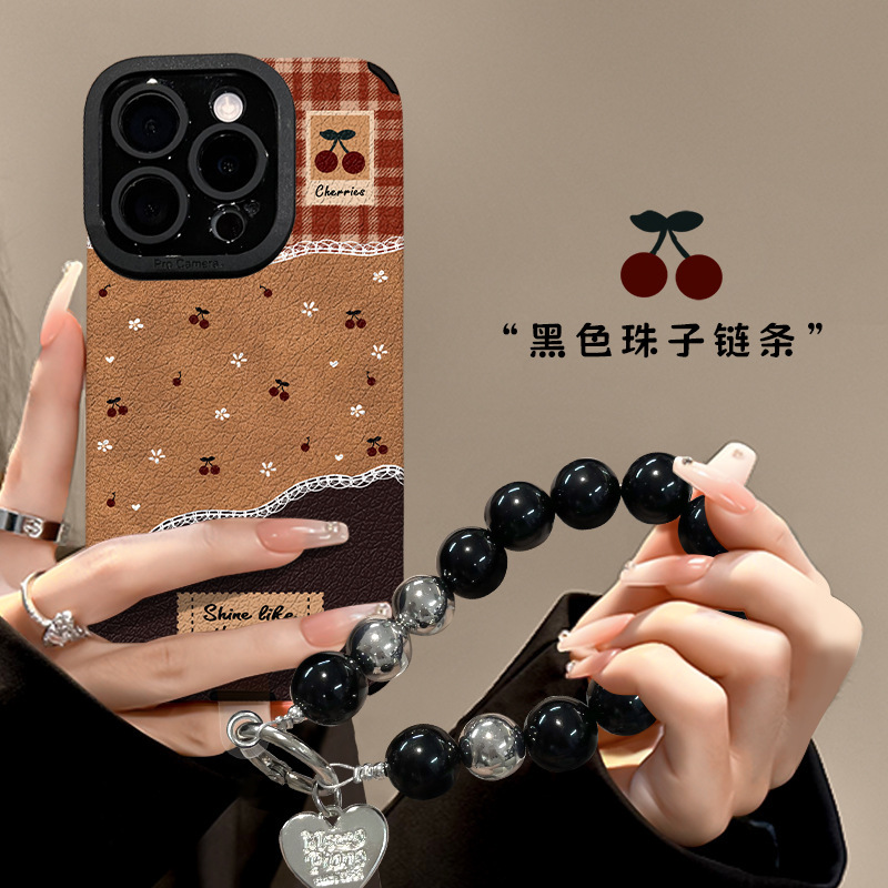 樱桃碎花手链适用苹果16复古手机壳iphone17air硅胶贴皮15高级感|undefined