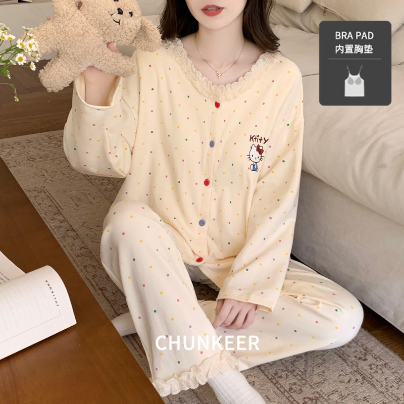 Long-Sleeved Pajamas with Breast Pads for Women, New Autumn Style, Korean Style, Sweet Lace Trim Cardigan, Plus Size Loungewear Set