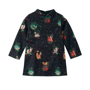 2025 New Autum Girls Long-Sleeved Cheongsam Retro Chinese Style Improved Han Dynasty Girls Black Bird Dress