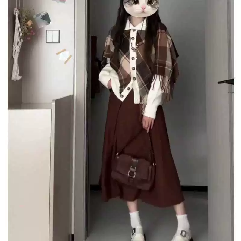 Осенний нерегулярный клетчатый платок накидка из двух частей вязаный свитер женский дизайн юбка осенний зимний набор