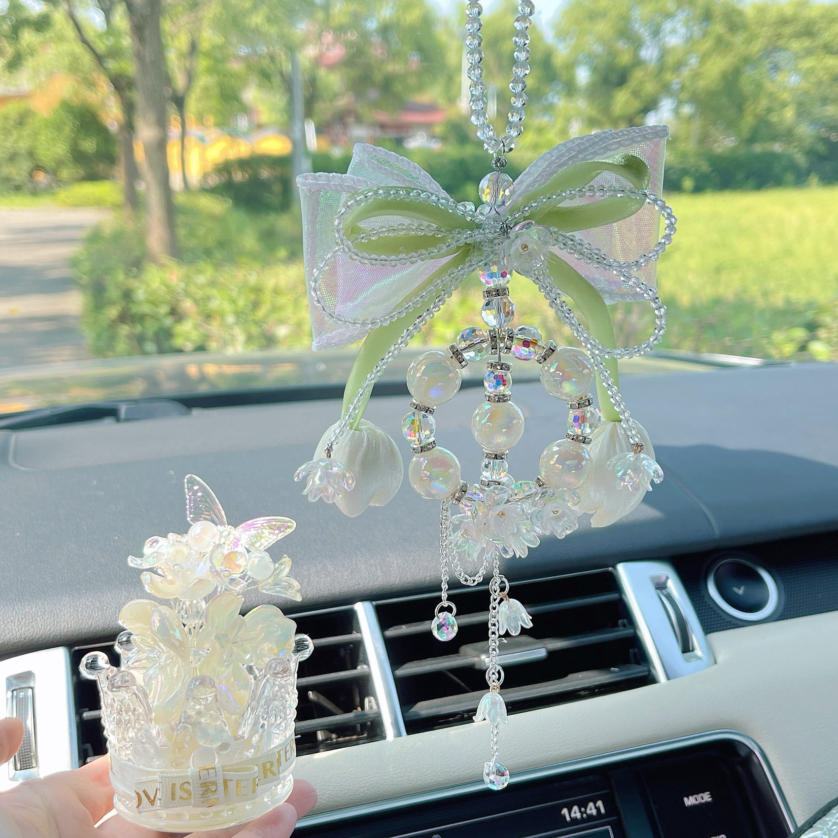 Tulip Bow Car Pendant Crystal Car Rearview Mirror Lily of the Valley Flower Pendant Fairy Car Decoration
