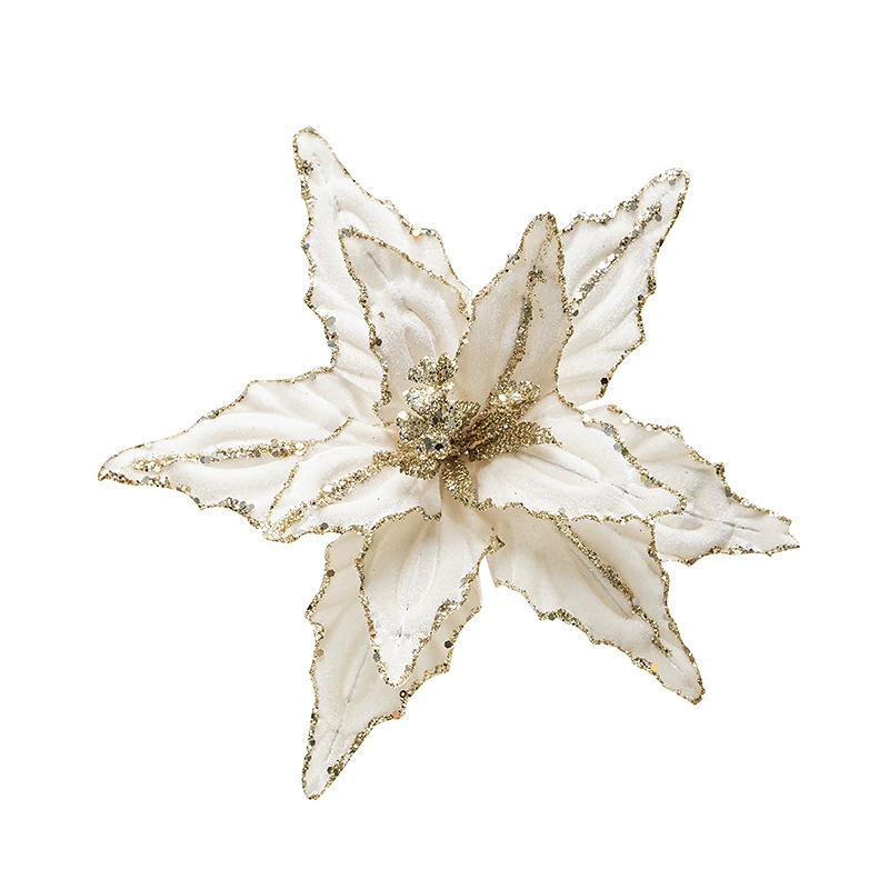 Вельветовая декоративная poinsettia (цветок) 26 см, блестящая окантовка, красный/зеленый/платиновый/шампанское золото