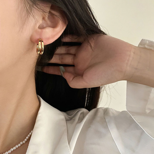Half-moon C-shaped geometric earrings for women, fashionable, personalized, elegant, S925 silver stud earrings, Instagram-style, niche, popular, hip-hop earrings