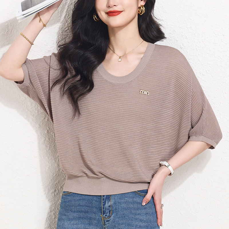 圆领短袖t恤女夏季宽松藏肉蝙蝠衫2025年新款短款天丝针织衫洋气