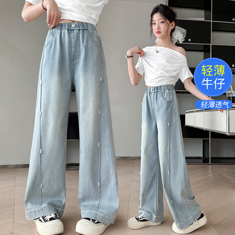 夏季薄款女童天丝牛仔裤中大童儿童长裤冰丝直筒裤阔腿裤宽松透气