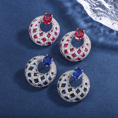 Korean-style elegant women's earrings with colored gemstones, Western-style stud earrings, featuring simulated pigeon-blood red and blue sapphire as the main stones, size 8*10.