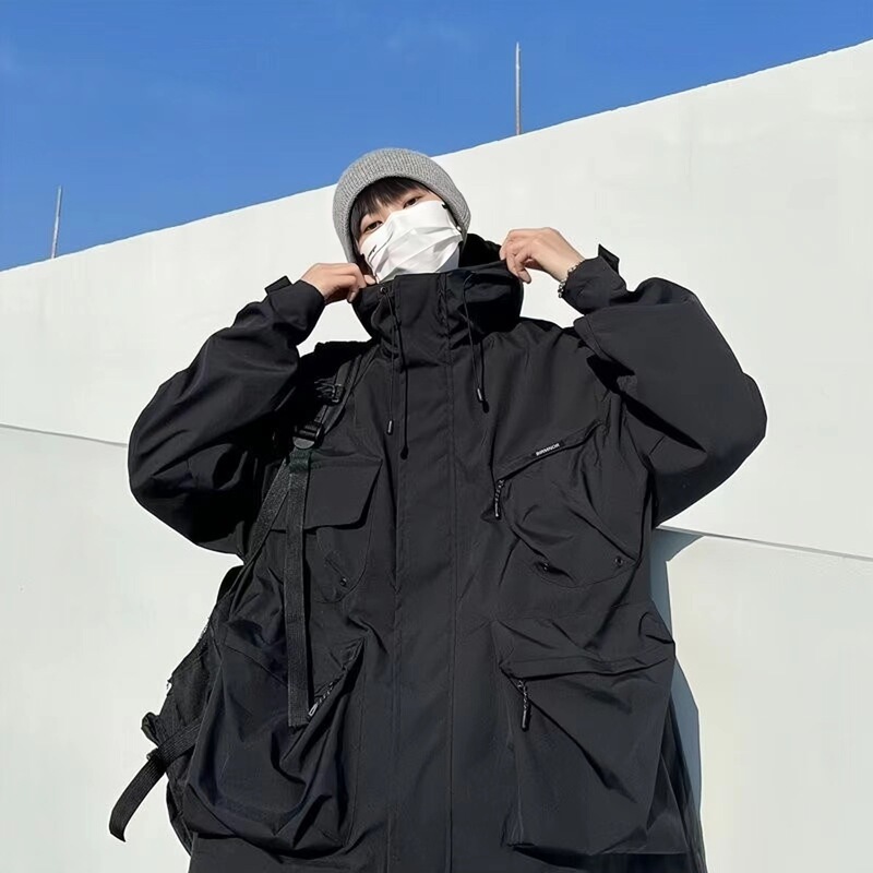 Black Samurai Functional Charge Men's Design Sense Multi-Pocket Work Jacket oversize Half-Collar Hooded Jacket