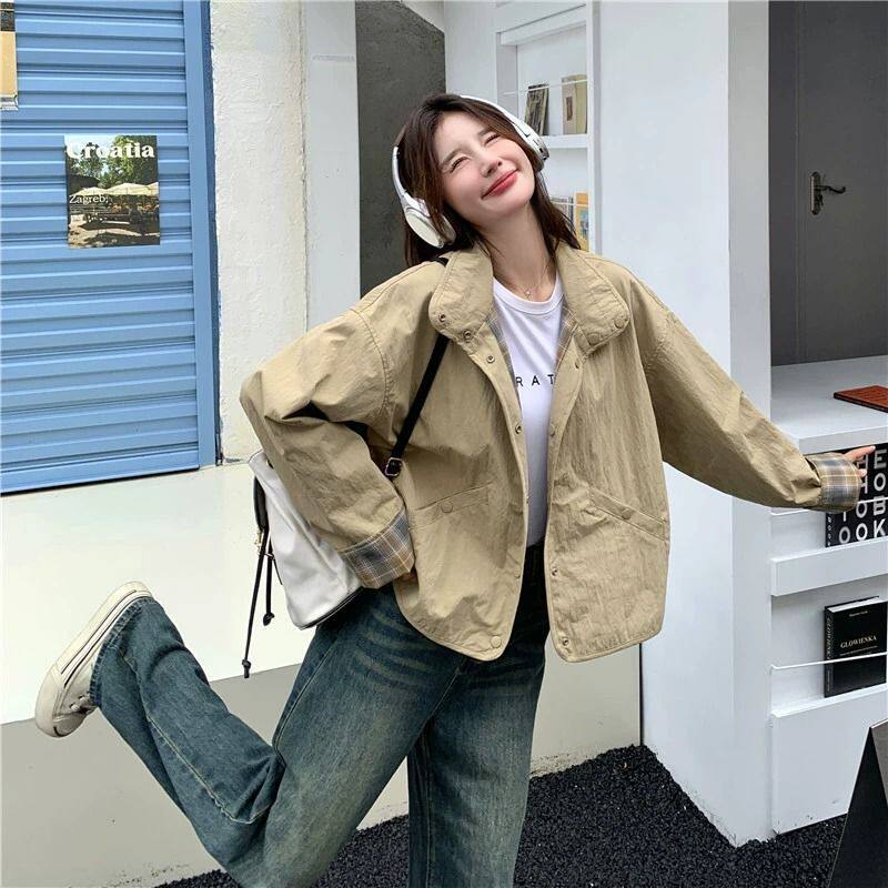 Áo khoác nữ dáng rộng hai mặt mặc được, kiểu ngắn, tay dài, cổ ve, phong cách Hàn Quốc — Kaki có thể đảo ngược