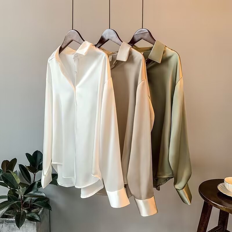 Damenbekleidung Langarm-Satinhemd Damen-Design Nische Frühling und Herbst neuer Stil vielseitig drapiertes Retro-Hemd im Hong Kong-Stil_voghion.com