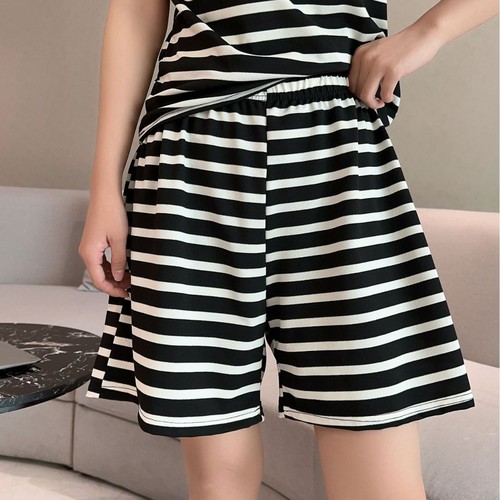 Bitumen black and white striped retro minimalist shorts large size loose casual pants summer stylish versatile home pants