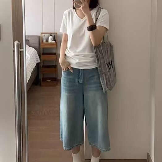 Petite American Retro Cropped Pants for Women, Summer Thin Plus-Size Loose Wide-Leg Slimming Casual Jeans