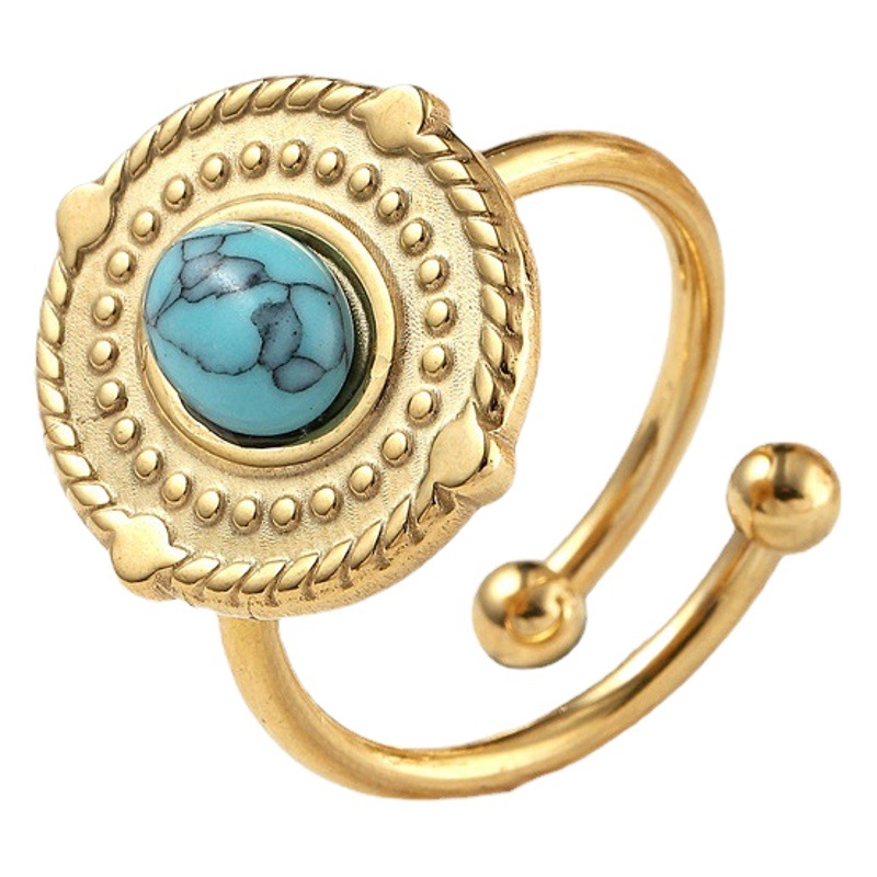 Transfronterizo de acero inoxidable de lujo de luz de la joyería hidráulica marca de soldadura redonda con incrustaciones de color turquesa abierto anillo de acero de titanio ventas directas de la fábrica
