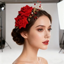 跨境新娘饰品森系红色玫瑰花朵发梳新娘结婚头饰插梳手工布艺发饰