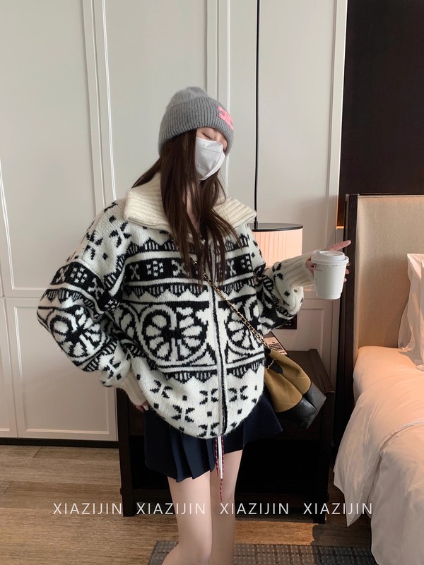 复古提花翻领毛衣外套女2025新款秋冬慵懒设计感宽松拉链针织开衫|undefined