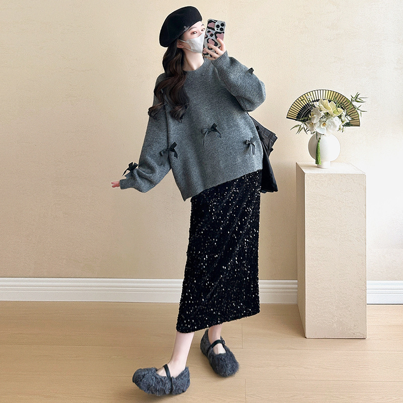 가을과 겨울을 위한 패셔너블한 투피스 임산부복, 한국 스타일, 세련되고 심플한 스팽글 리본 스웨터, 슬리밍 스커트