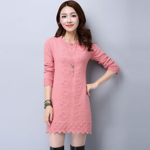Winter New Women's Hooded Sweater Korean Style Embroidered Fitted Slimming Solid Color Long-Sleeve Knit Top Bottom Dress
