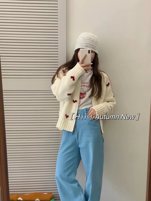 韩系2025秋冬新款厚实拉链针织开衫女圆领爱心提花女式毛衣外套潮|undefined