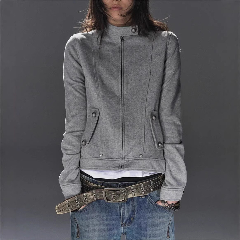 American Retro Gray Stand-Collar Solid Color Jacket with Unique Design and Metal Buttons, Slim-Fit Sweatshirt Coat, Unisex American Retro Gray Stand-Collar Solid Color Jacket with Unique Design and Metal Buttons, Slim-Fit Sweatshirt Coat, Unisex