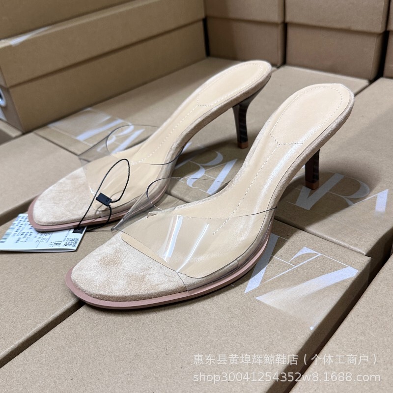 Za Large Size Sandals High Heel Slippers Transparent Pvc Stiletto Heel Square Toe Slim Versatile High Heel Sexy Sandals