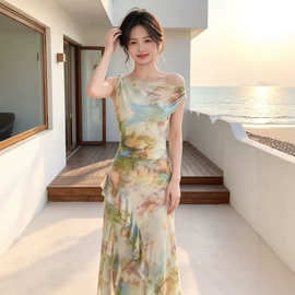 雏菊虞美人法式露肩油画连衣裙女夏设计感绝美漂亮蕾丝包臀长裙子