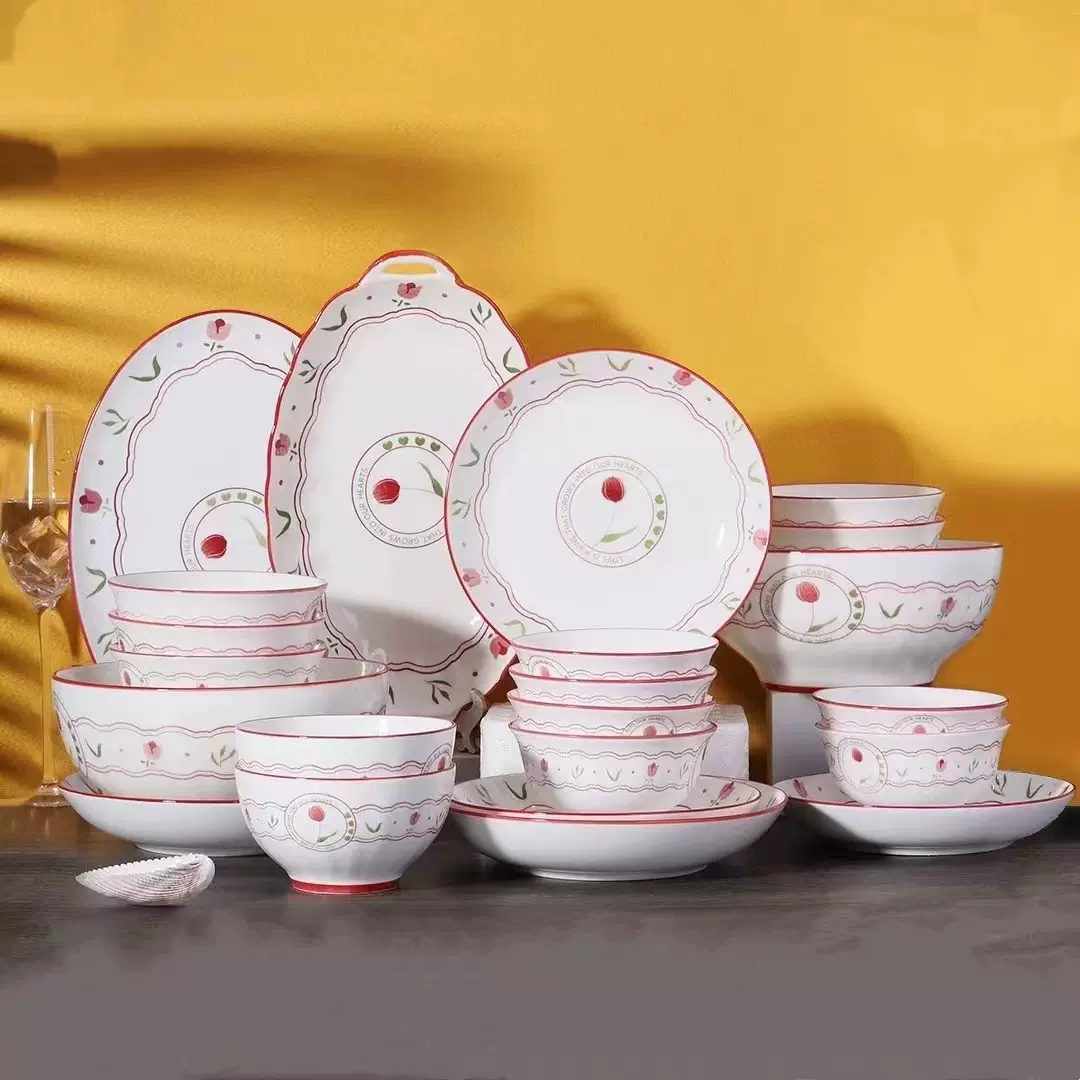 北欧风家用玫瑰花语系列陶瓷碗盘吃饭碗米饭碗菜盘汤盘釉下