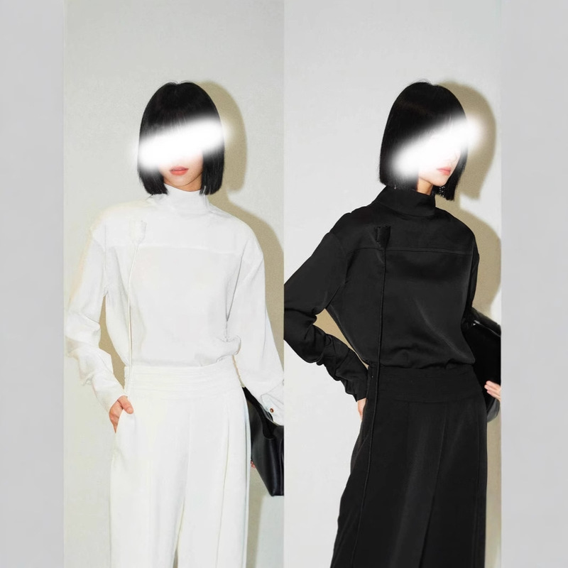 Four Seasons Designer Black and White Collar Rose Long Sleeve Shirt Imitation Copper Ammonia Silk Satin Glossy Top