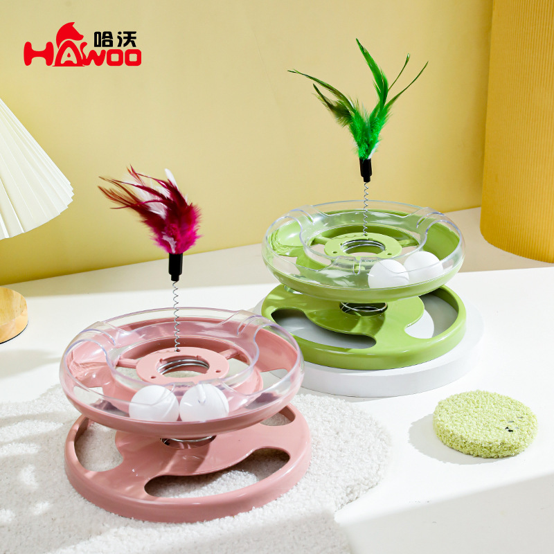 Hawo gato juguete primavera balanceo de doble capa Placa de diversión gato auto-Hola pluma de juguete divertido gato suministros para mascotas