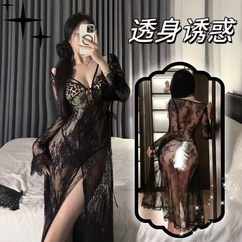 프렌치 로맨틱 레이스 레오파드 프린트 시스루 드레스, 섹시한 엉덩이 노출, 유혹적인 속옷, 유혹적인 잠옷