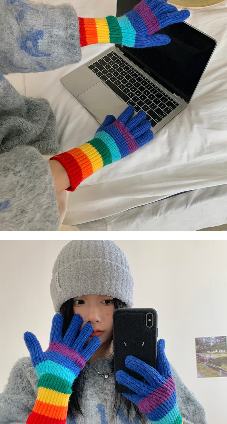 Rainbow Stripe Gloves Wool Thickened Touch Screen For Couples_voghion.com